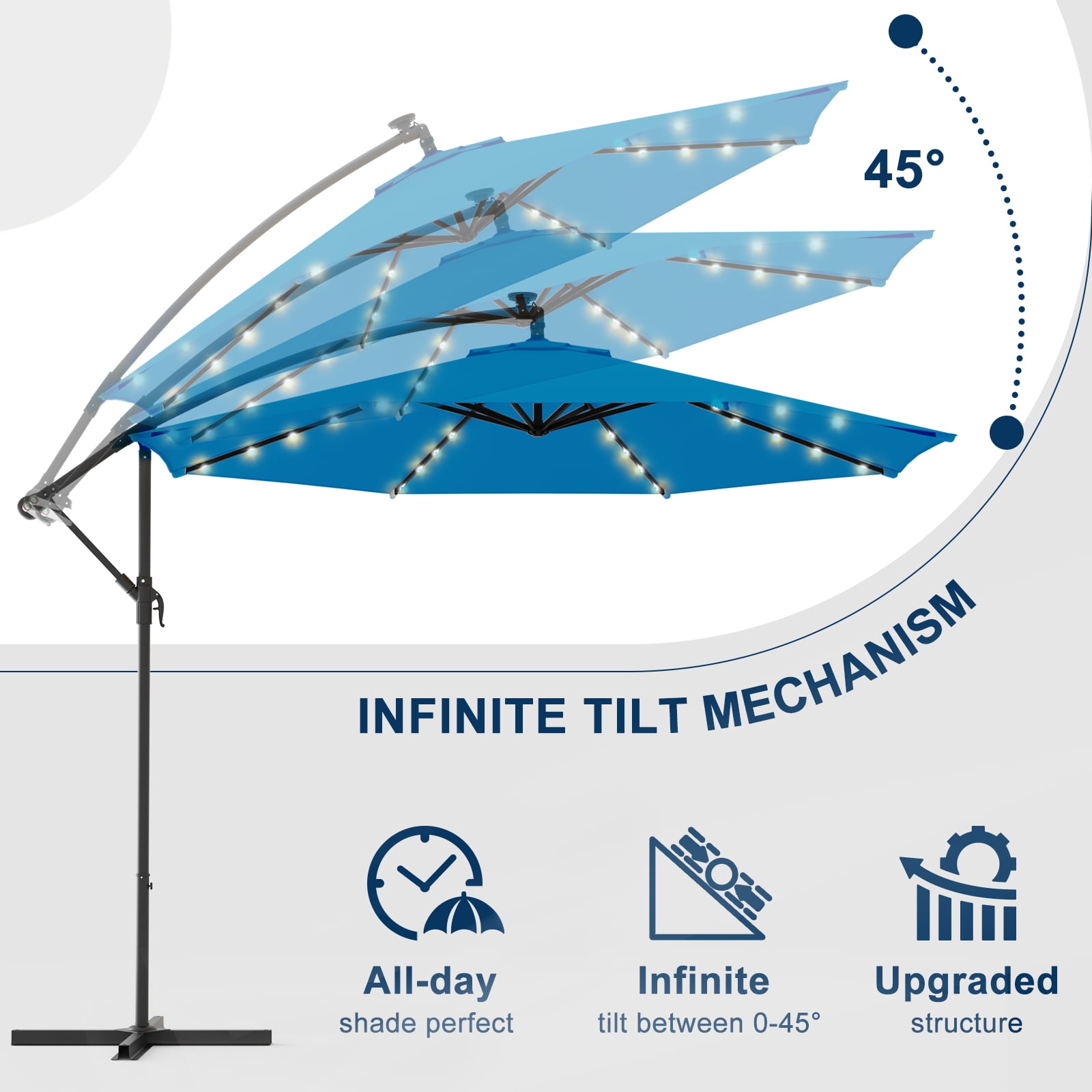 EROMMY 10FT 40 LED Solar Lighted Patio Umbrella,Outdoor Offset Cantilever Umbrella, Infinite Tilt, Crank and Cross Base, UV Protection for Backyard, Lawn, Garden & Pool
