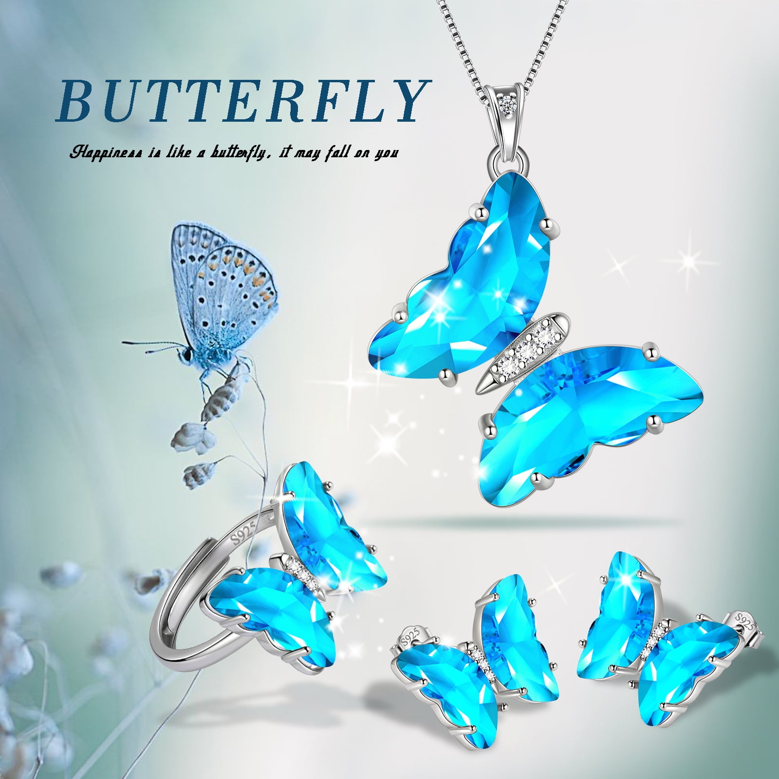 Blue Butterfly Jewelry Sets Earrings Necklace Ring, March Birthstone Jewelry Set Aquamarine Sterling Silver Women Birthday Mother's Day Gifts