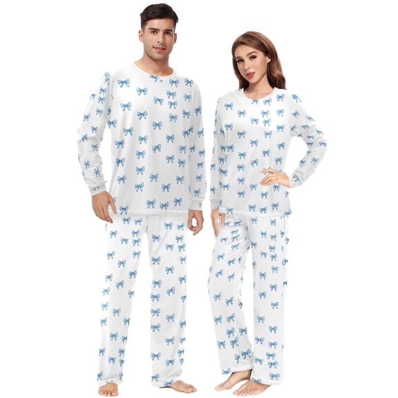 Matching Pajamas for Couples Blue Bows His and Hers Pajamas Sets Soft Long Sleeve Sleepwea