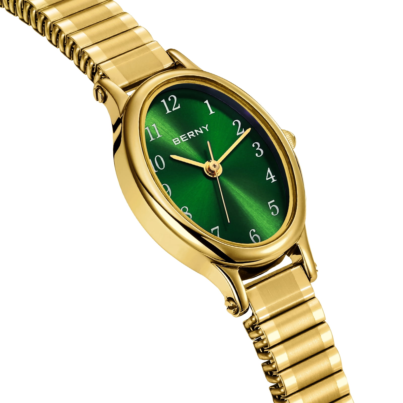 BERNY Small Gold Watches for Women, Dainty Luxury Oval Dial, Expansion Band Watch, Fashion Ladies Analog Quartz Watch, Waterproof Women Wristwatch Gifts, Green