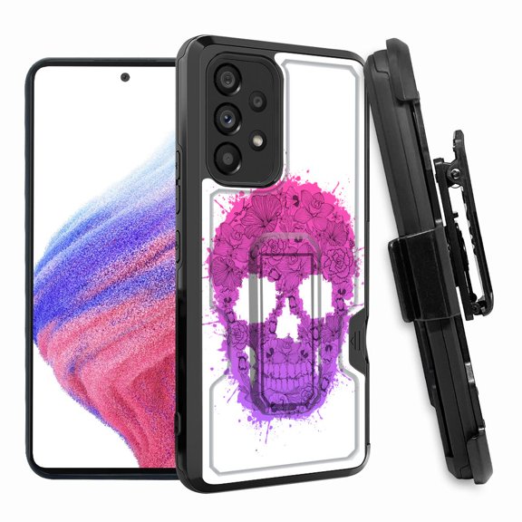 ANJ  Rugged Shockproof Hoster Case w/Card Slot, Kickstand   Tempered Glass Cover for Samsung Galaxy A33 5G - Floral Skull