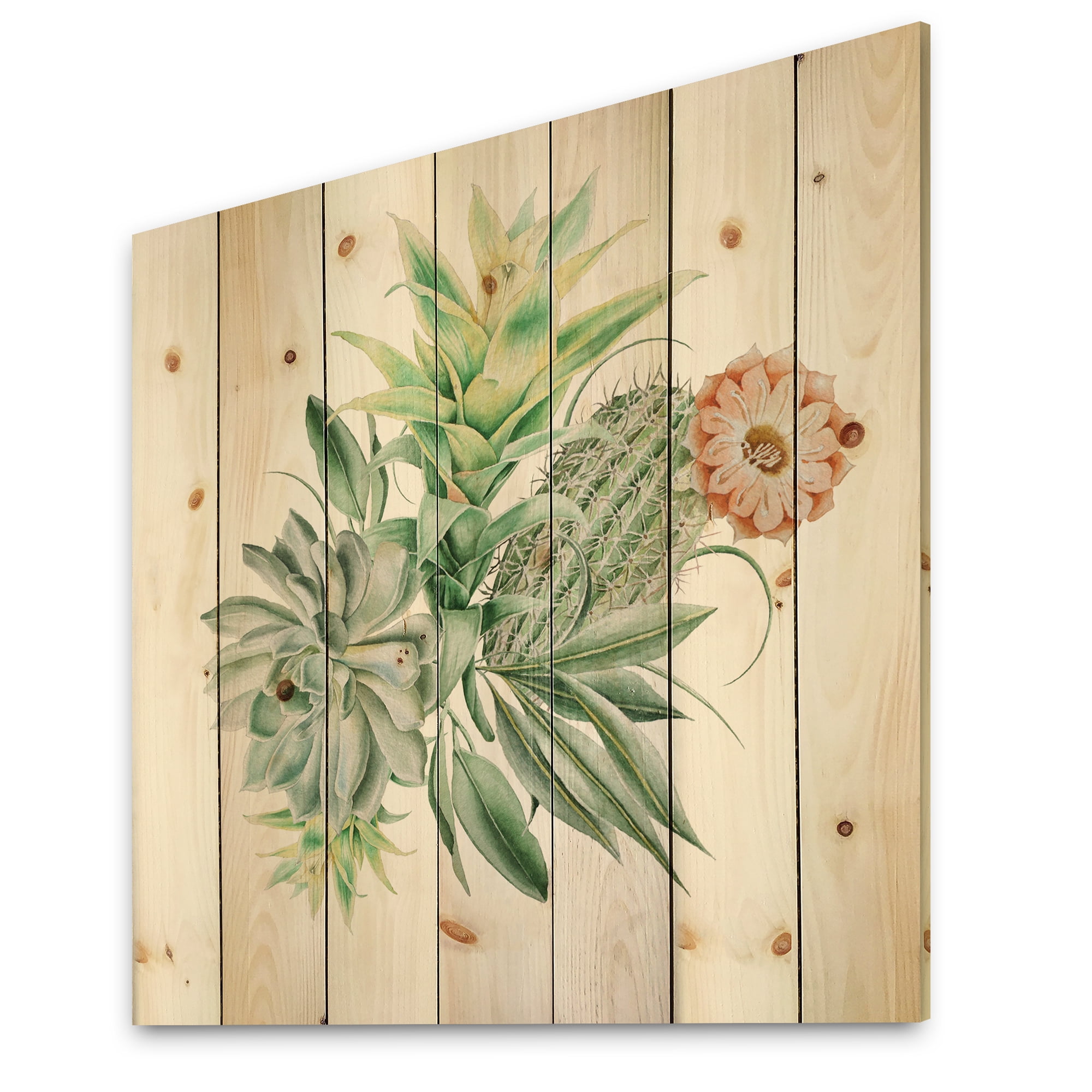 Designart 'Bouquet With Succulents and Cactus' Botanical Print on Natural Pine Wood