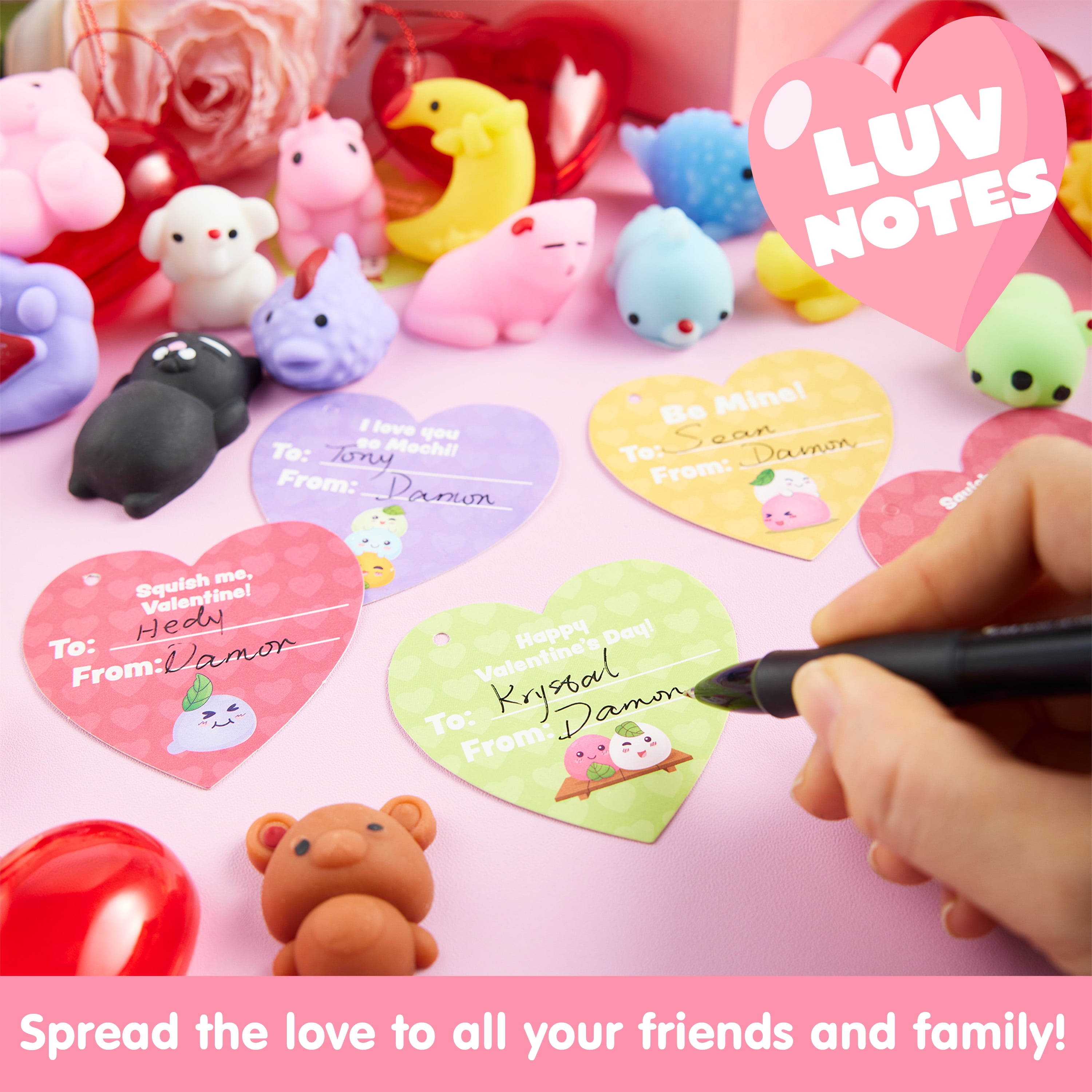 Joyfy 28 Packs Valentines Gifts for Kids, Stress Relief Mochi Squishy Toys Filled Hearts for Kids Classroom Exchange Cards Gifts, Valentines Party Favors