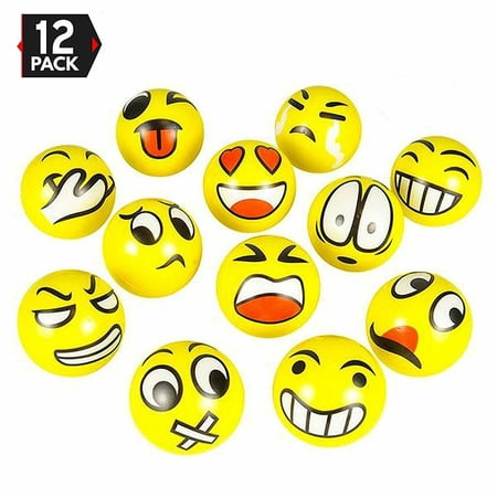 Set of 12 Emoji Face Yellow Foam Soft Stress Novelty Toy Balls (3 inches)