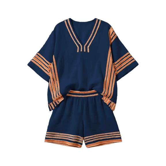 MEZZALL Girls Boho Striped 2 Piece Outfit Set, V Neck Batwing Sleeve Striped Blouse & Elastic Waist Pocket Shorts Matching Suit, Lightweight Breathable Vacation Outfit for Girls Boho Clothes Sets