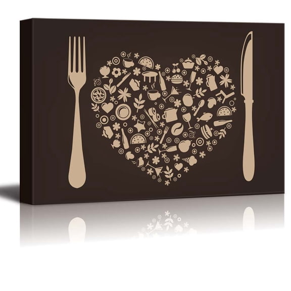 Canvas Prints Wall Art - Restaurant and Food Elements with Fork and Knife | Modern Wall Decor/ Home Decor Stretched Gallery Wraps Giclee Print & Wood Framed. Ready to Hang - 16" x 24"