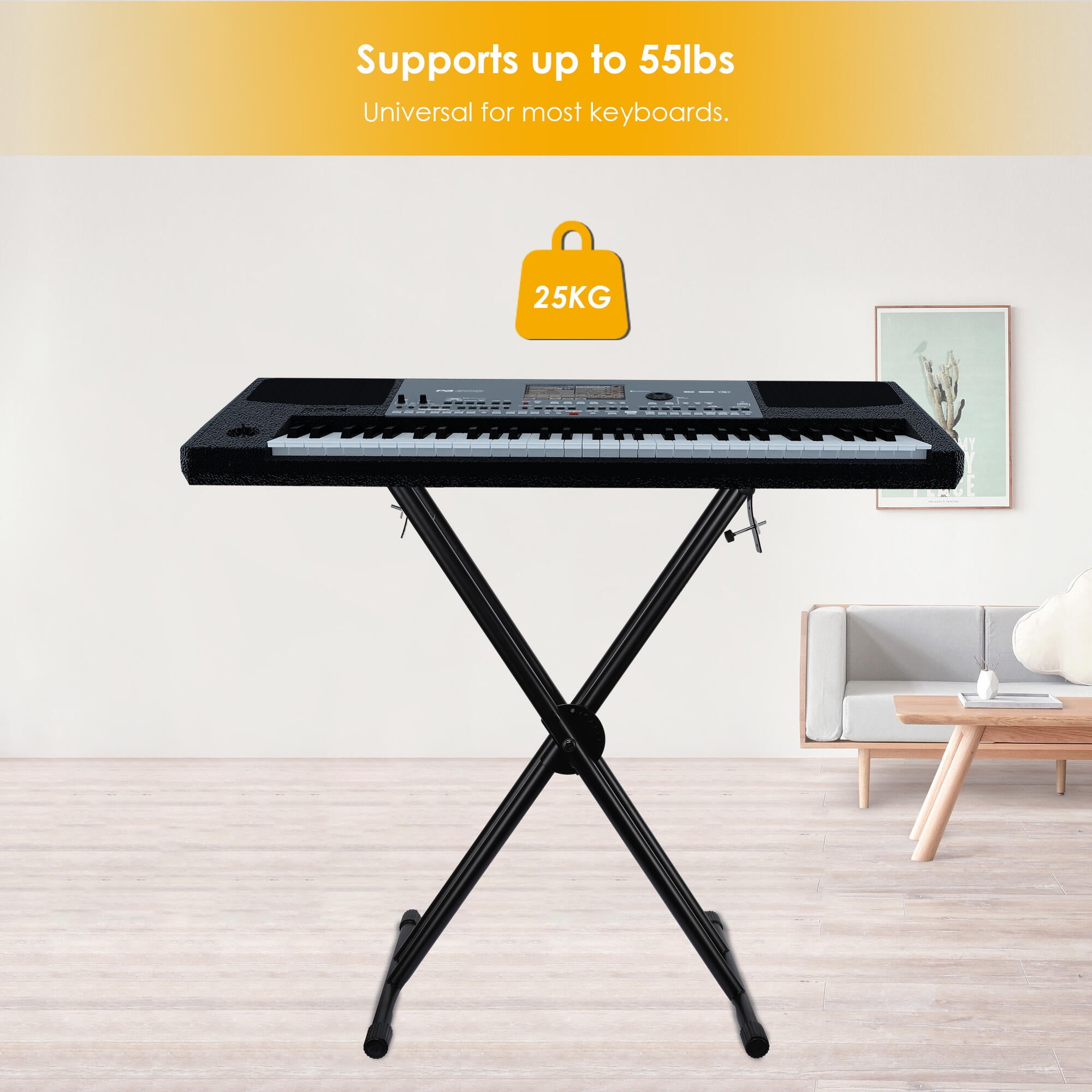 7 Position Height Adjustable Piano Keyboard Stand with Locking Straps Anti Slip Design Heavy Duty Double Brace X Folding Electronic Piano Stands