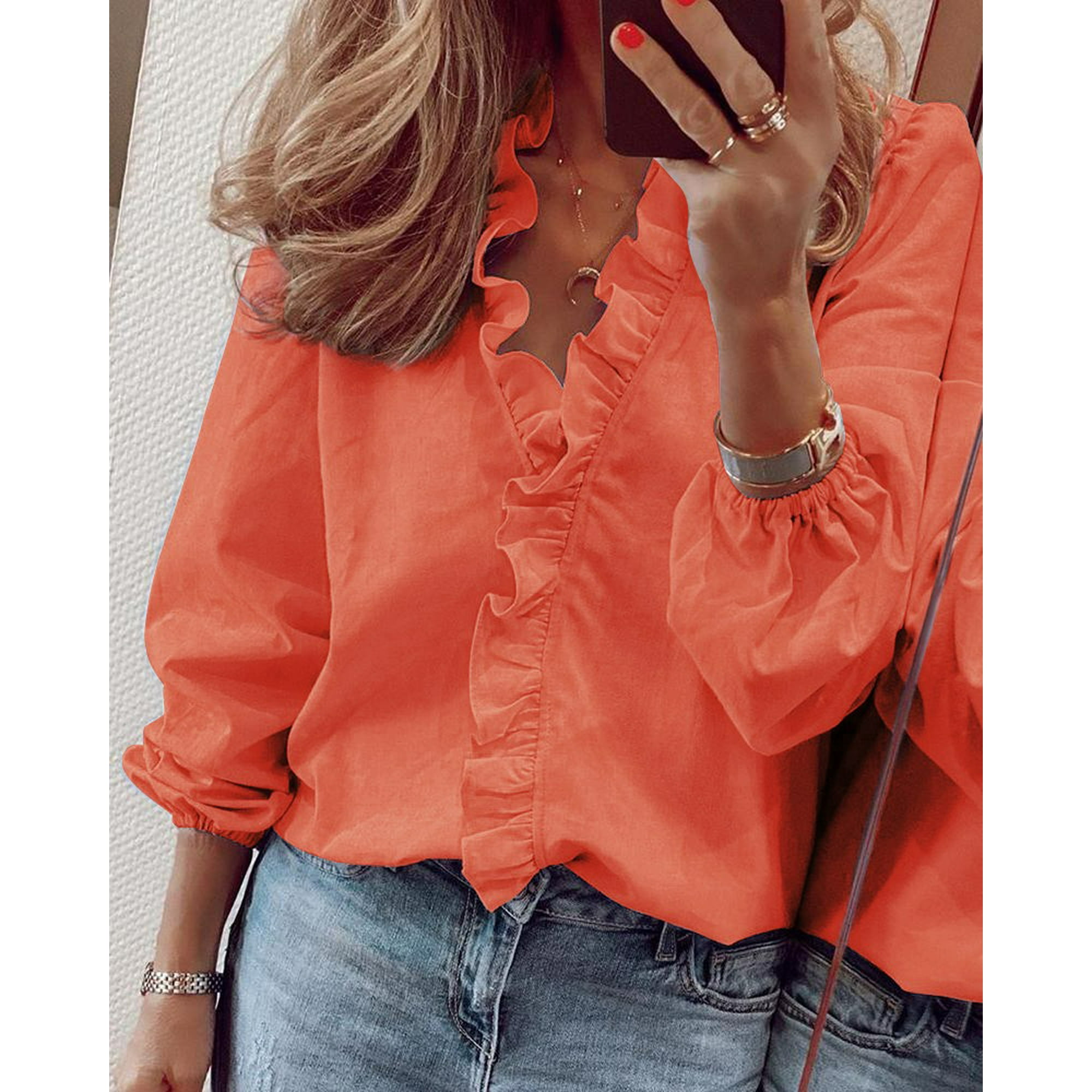 red ruffle blouse long sleeve