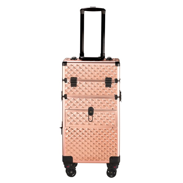 2-in-1 Champagne Gold Makeup Case, Diamond-Patterned Aluminum, Sliding & Removable Drawers with Swivel Wheels for Vanity/Travel/Professionals