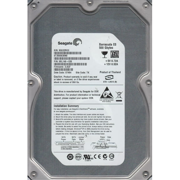 ST3500630NS, 9QG, TK, PN 9BL146-038, FW 3.AQF, Seagate 500GB SATA 3.5 Hard Drive