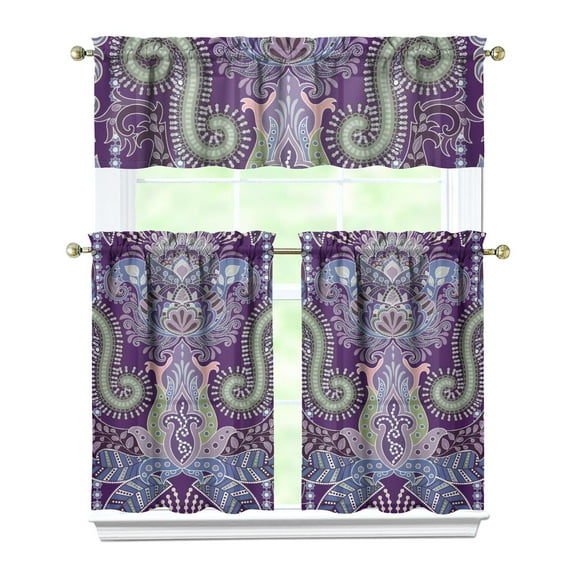 Bohemian 3-Piece Kitchen Curtains Set - Colorful Ethnic Floral Tier Curtains & Valance for Farmhouse Caf Windows (54x18 27.5x36x2)