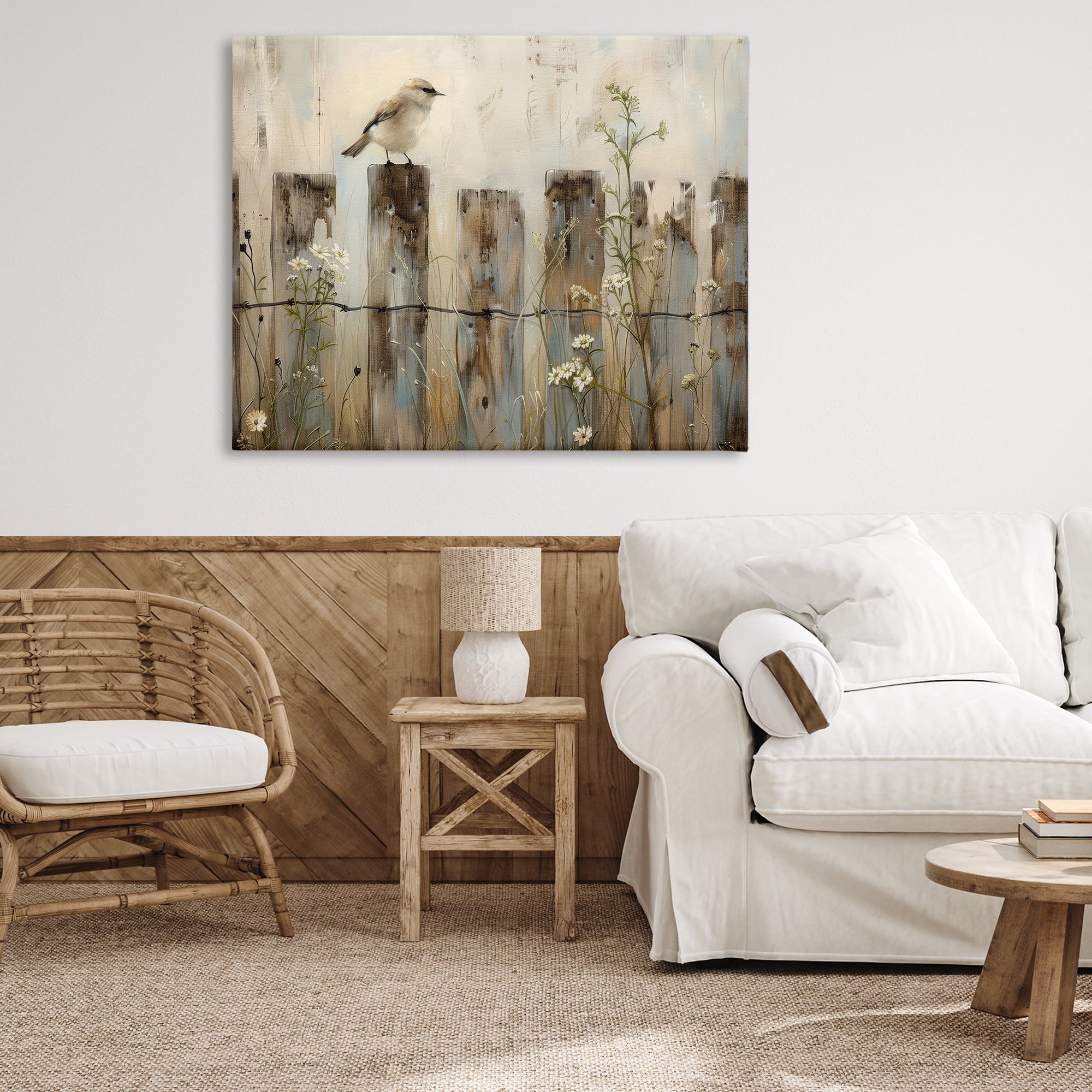 Fence Perched Country Bird Canvas Art, 48 x 36, Design By Artist Arlington Prints