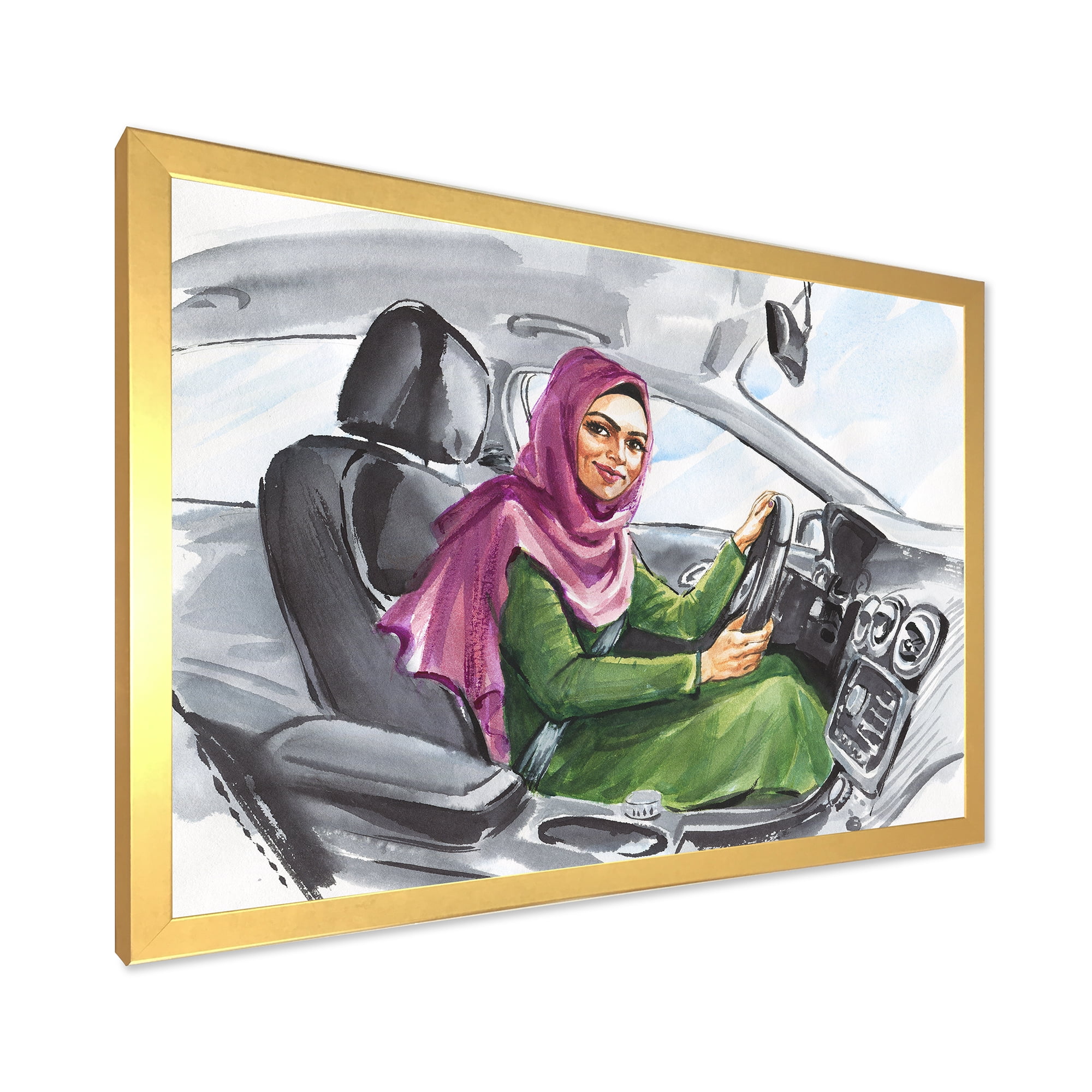 Designart 'Arabian Lady Driving A Car II' Modern Framed Art Print