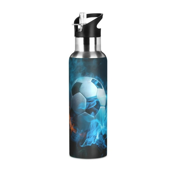 ALAZA Soccer Ball with Fire Water Bottle Insulated Flask Stainless Steel Straw Lid 20 oz