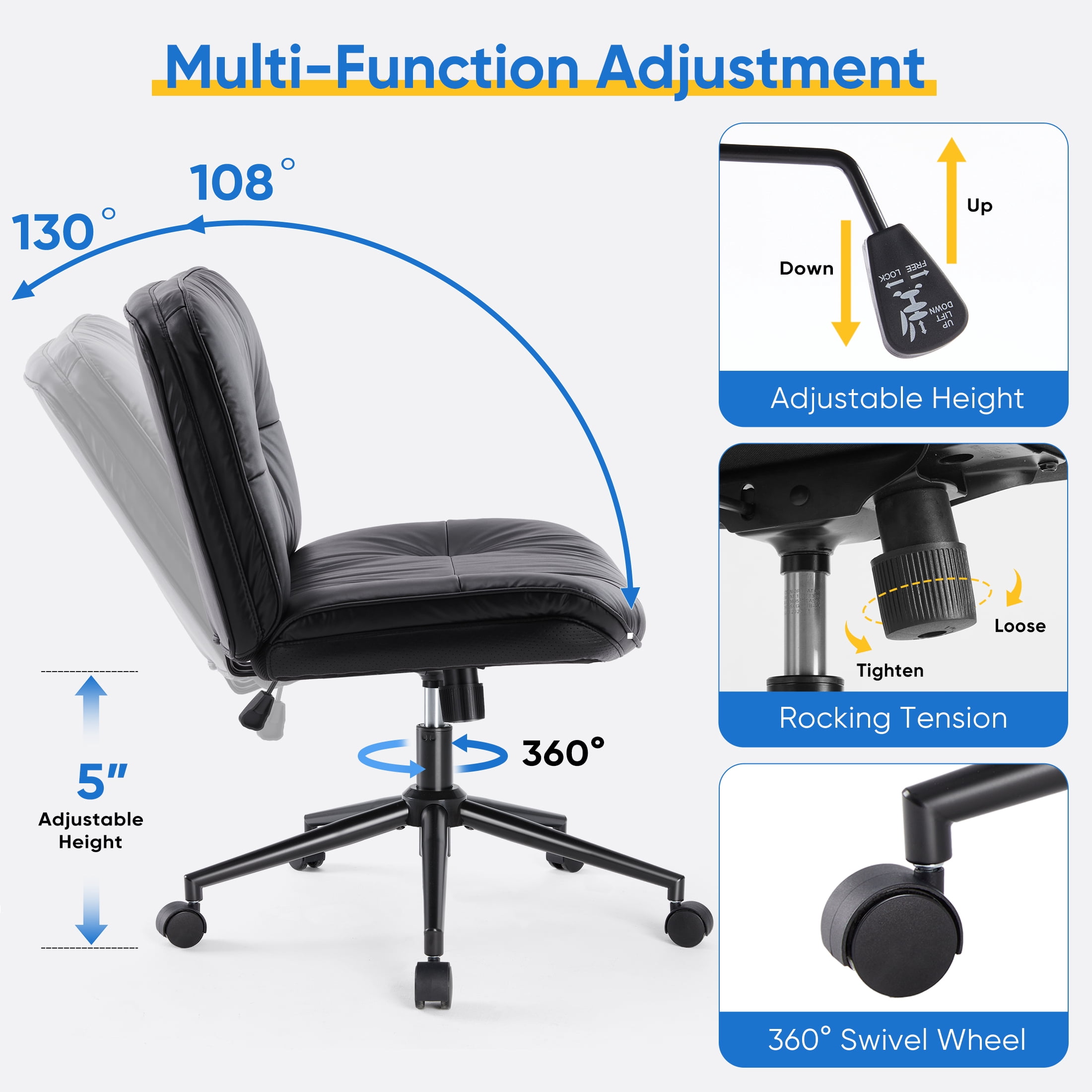 EDX Armless Office Chair with Wheels, Leather Upholstered Wide Seat Home Office Chair, 130° Rocking Mid Back Computer Chair, Perfect for Office, Bedroom, and Makeup, Black