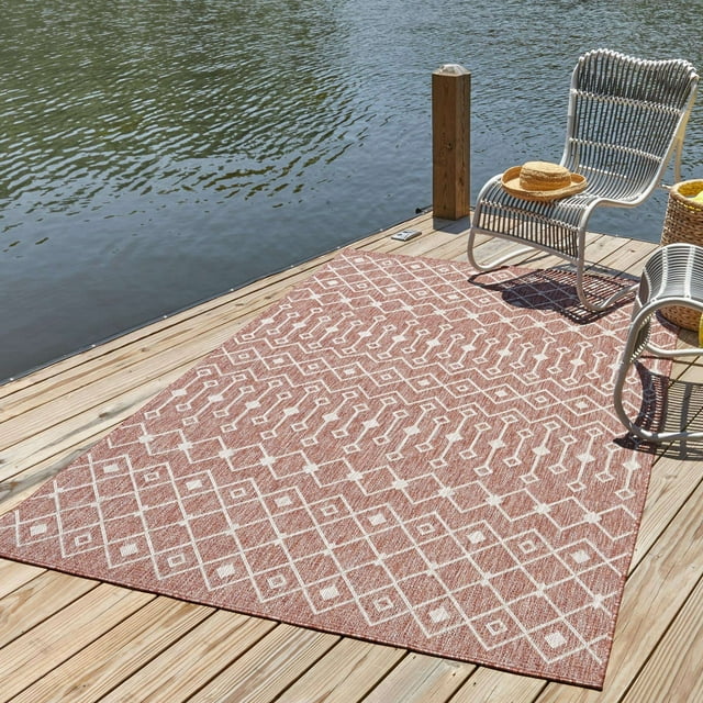 Unique Loom Trellis Collection Tribal Geometric Transitional Indoor and Outdoor Flatweave Area Rug, 5' x 8', Rust Red/Gray