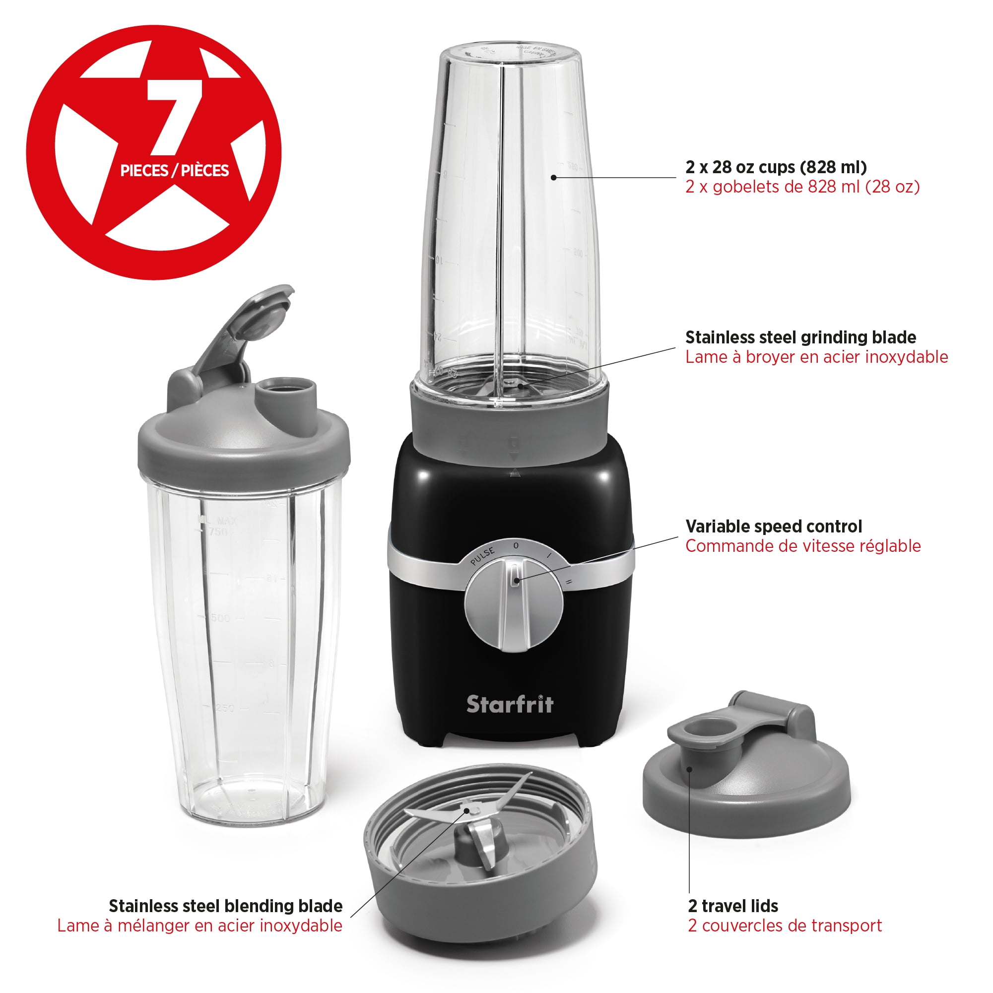 Starfrit Personal Blender - Two 828ml Cups - Two Blades - High, Low & Pulse Modes - 300W - Black, Personal Blender