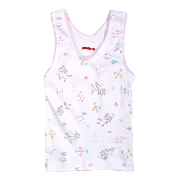 Camiseta Baby Creysi para Mujer, sin Mangas Unicornios Blanco Talla 6, camiseta sin mangas para niña en algodón peinado hipoalergénico con estampado de unicornios, corazones y nubes en tonos pastel, escarola rosa en el cuello, ideal para ropa interior y pijamas cómodas para niña.