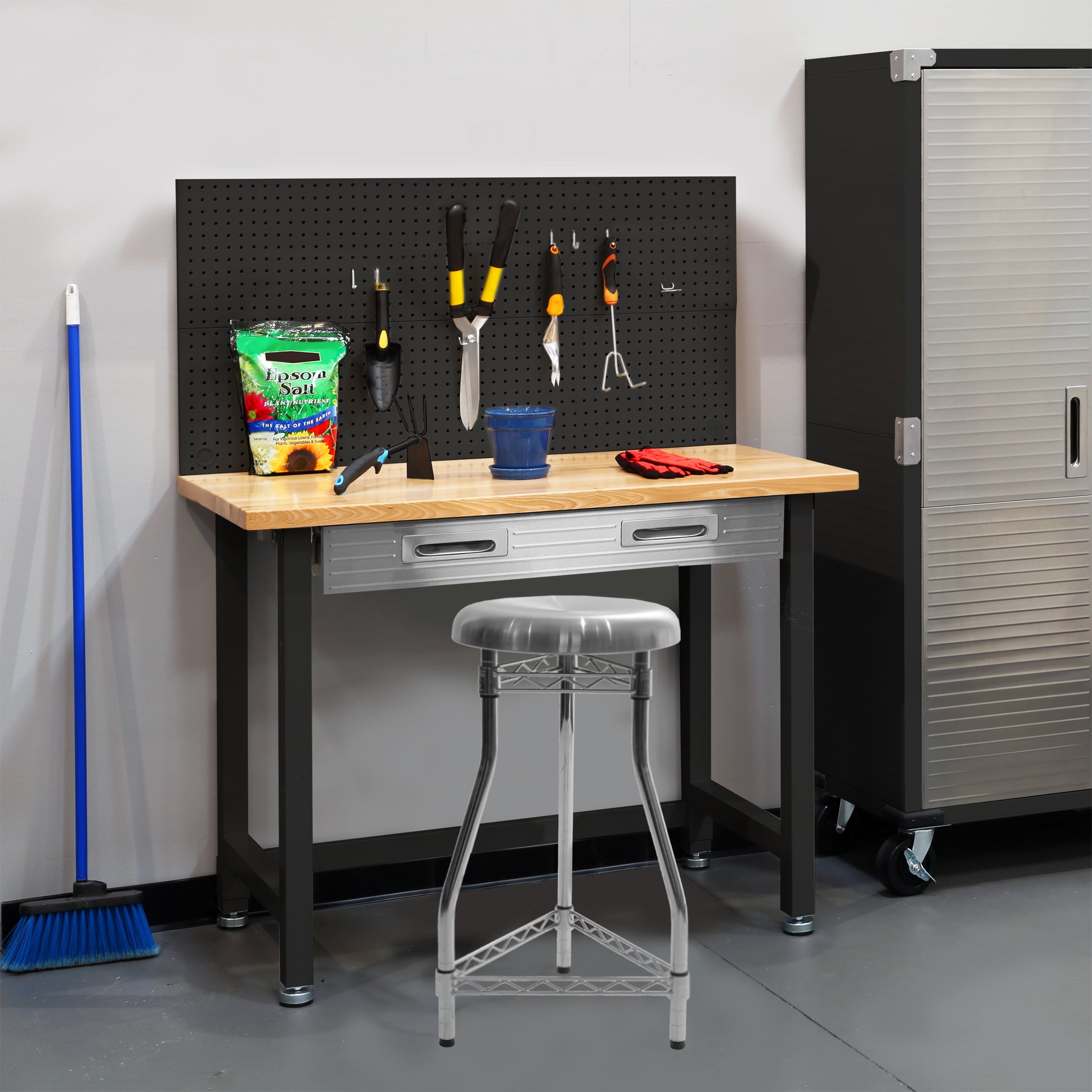 Seville Classics UltraHD Workcenter with Stainless Steel Pegboard, 48" L x 24" D, Stain Graphite