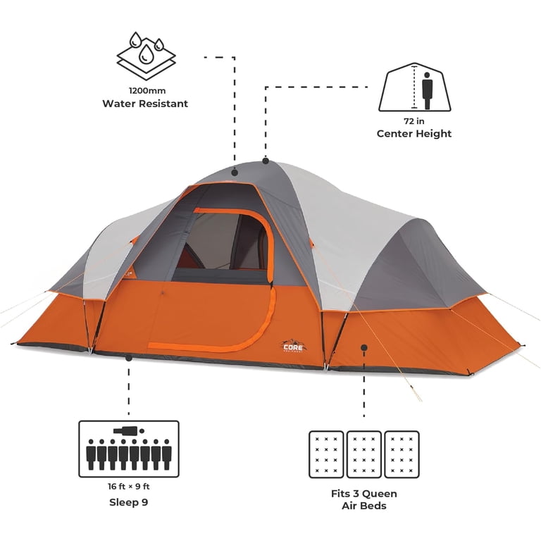 Core Equipment, 16' x 9' 9 Person Dome Camping Tent, Orange