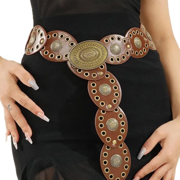 Women Wide Disc Belts Cowgirl Boho Concho Leather Belts | for 28"-38"