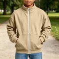 thumbnail image 6 of OGLCCG Boys Full Zip Fleece Hoodless Hoodies Mock Neck Sweatshirts Kids Fall Winter Zip Up Gym Track Jackets with Pockets Size 5-16(Khaki,5-6 Years), 6 of 8