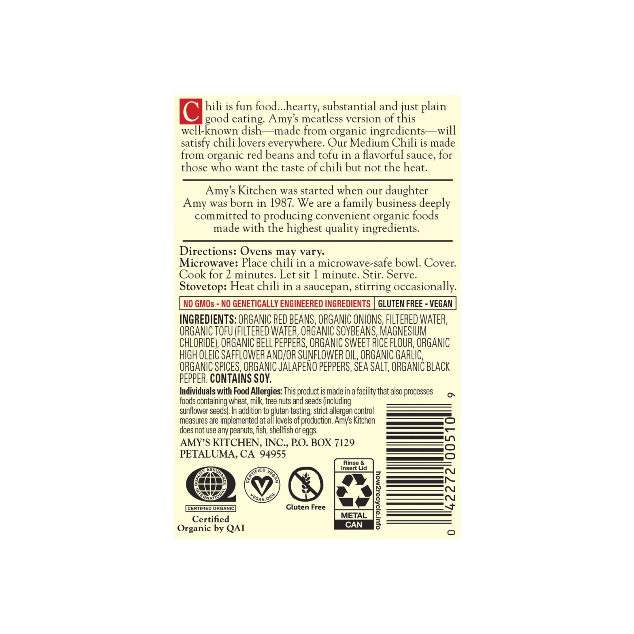 (6 pack) Amy’s Organic Medium Chili, Plant-Based Vegan Chili, Gluten Free, Made With Organic Red Beans and Tofu, Canned Chili, 14.7 Oz