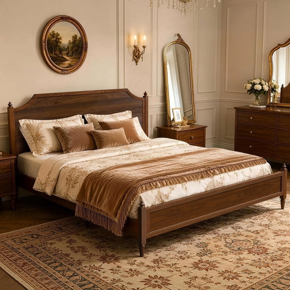 NISIEN Queen Size Bed Frame, Updated Wooden Platform Bed with Headboard and Footboard, No Box Spring Needed, Walnut