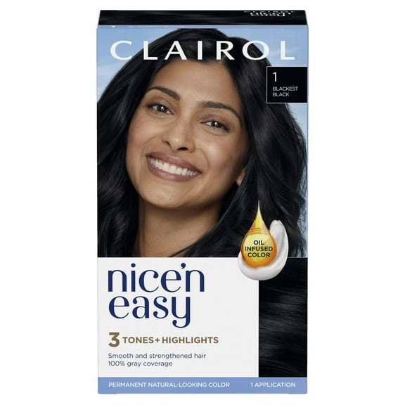 Clairol Nice'n Easy Permanent Hair Color Cream, 1 Blackest Black, Hair Dye, 1 Application