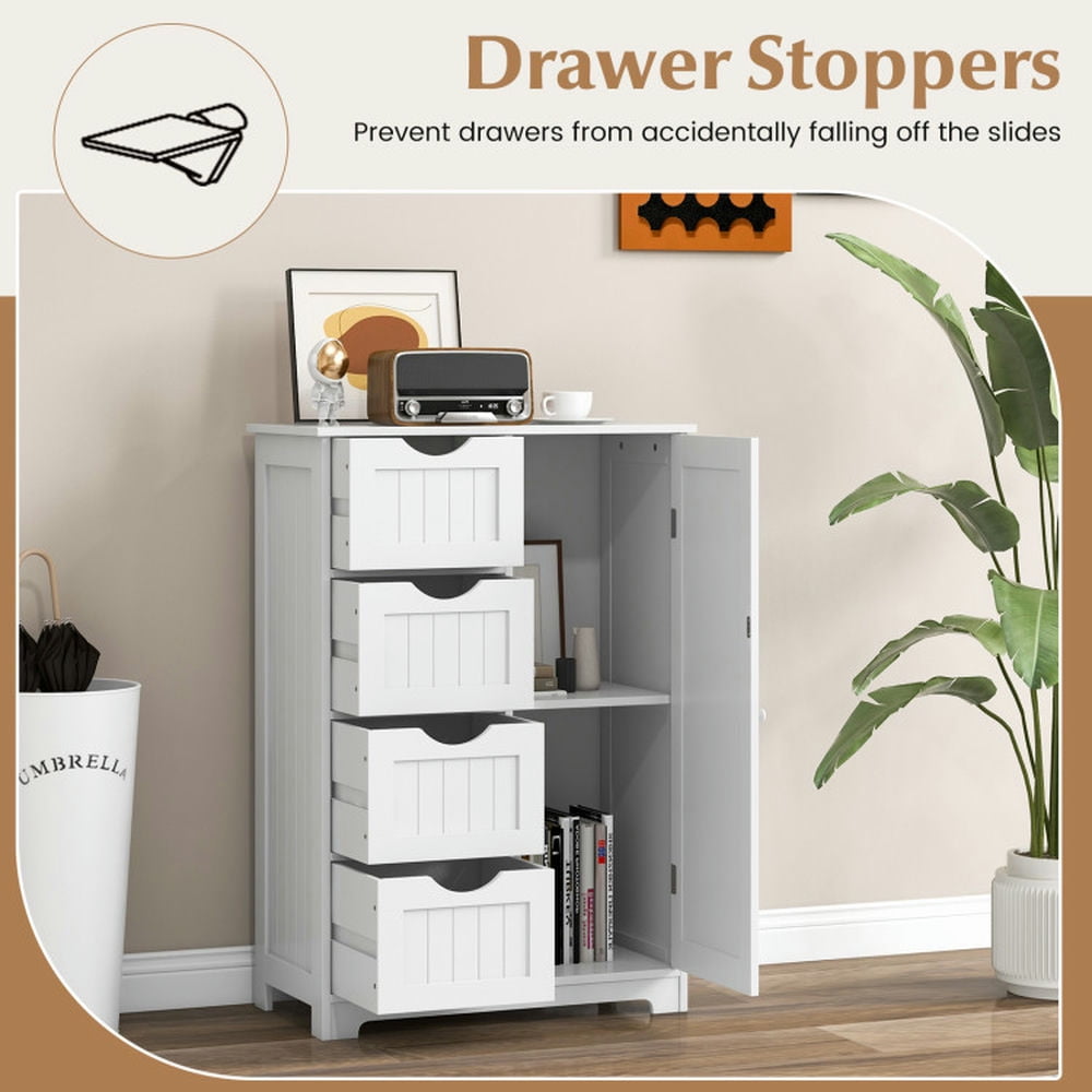 Finihen Storage Cabinet, Floor Cabinet, Standing Indoor Wooden Cabinet with 4 Drawers, for Bathroom, Living Room, Bedroom, Kitchen, White
