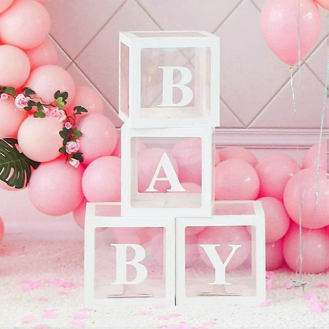 Baby Shower Boxes Party Decorations, 4-Pack Transparent Balloons Boxes Dcor with BABY Letters Blocks for Boys Girls Baby Shower Decorations Gender Rev