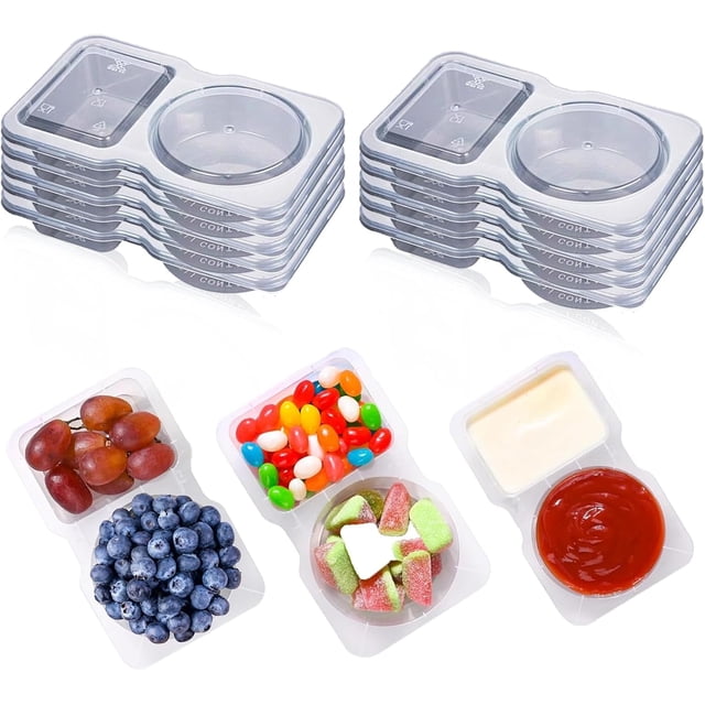 Mini Snack Containers, 10 Pcs Snack Container, 2 Compartment Snack Containers for Condiments, Double Compartment Condiment Containers with Lids, Reusable Snack box Container (10)