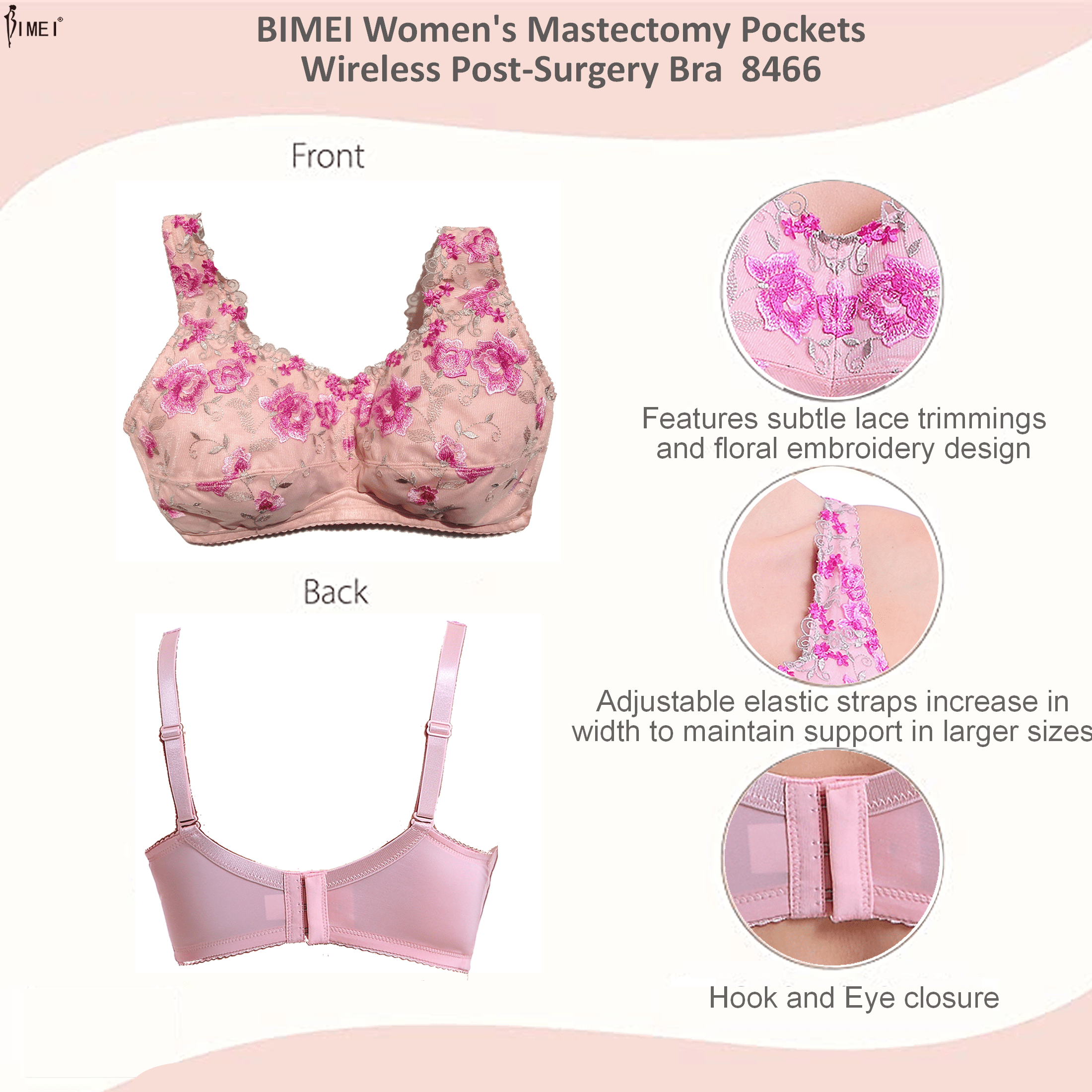 BIMEI Women's Post Surgery Mastectomy Bra with Pockets Surgical Lace Contour with a Full Profile Wire Free Fashion Everyday Bra 8466,Pink,34A