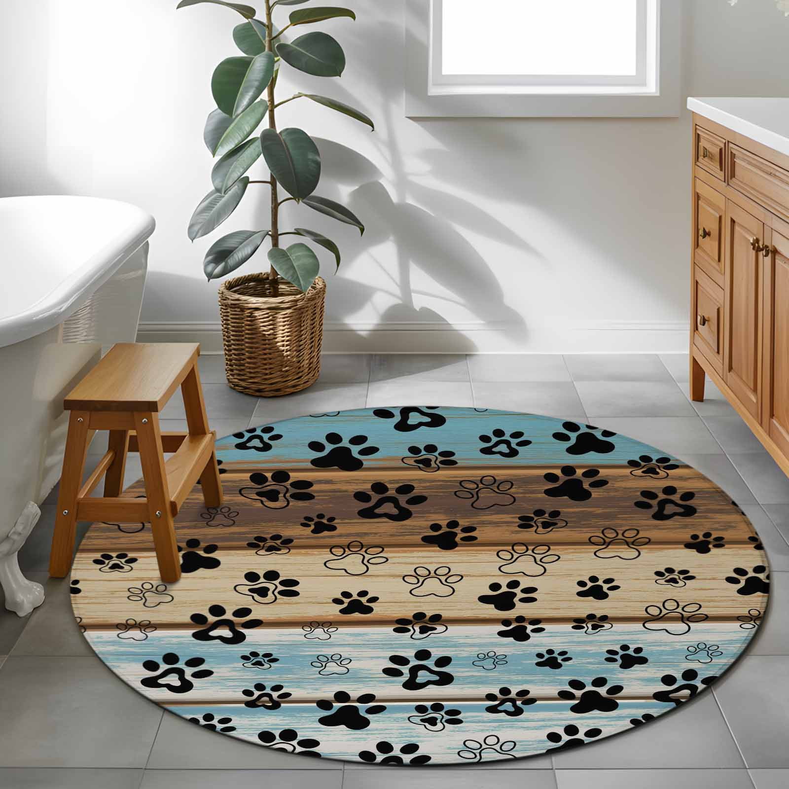 Round Area Rug 4 Ft, Cute Dog Claws Washable Non-Slip Circle Carpet for Living Room/Bedroom, Farmhouse Blue Wooden Puppy Pawprints Low-Profile Crawling Mats Collection Rugs for Indoor