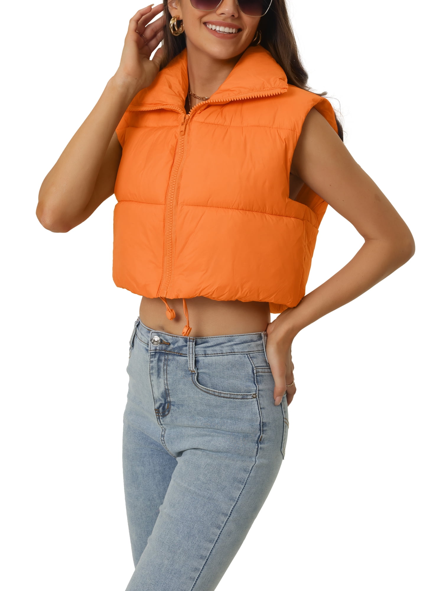 Unique Bargains Women's Padded Vest High Stand Collar Zip Crop Fashion Jacket Puffer Vests S Orange