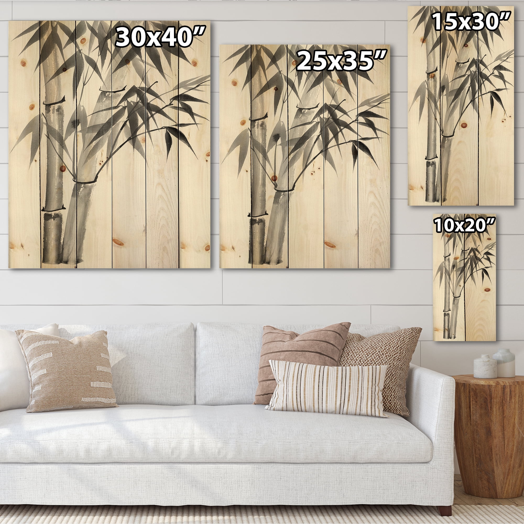 Designart 'Vintage Black and White Bamboo' Traditional Print on Natural Pine Wood