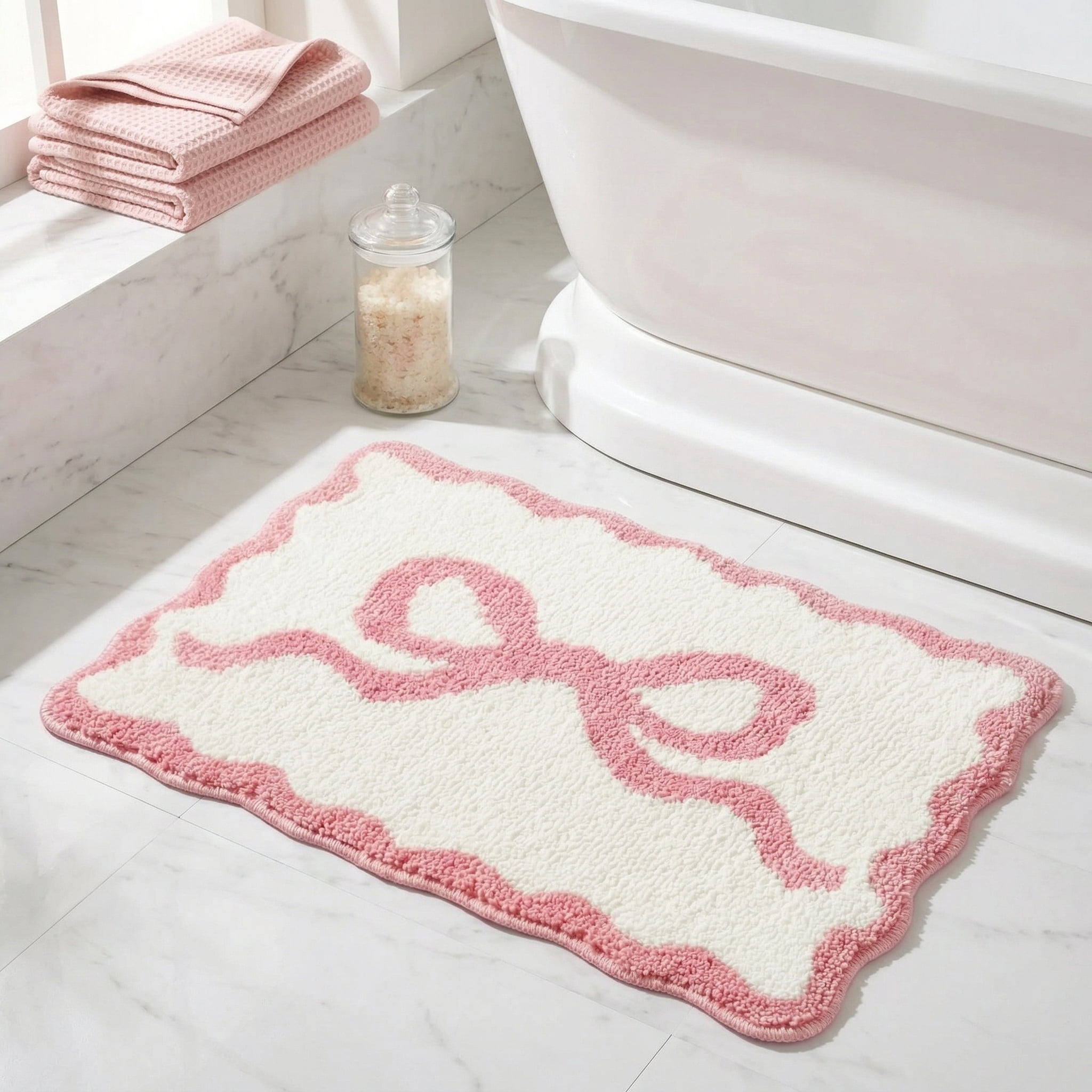 Pink Bow Bathroom Rug 16" x 24", Scalloped Bow Bath Mat Non Slip, Cute Aesthetic Coquette Carpet, Microfiber Absorbent Bath Mat for Bathtub Shower Bedroom Valentine Decor