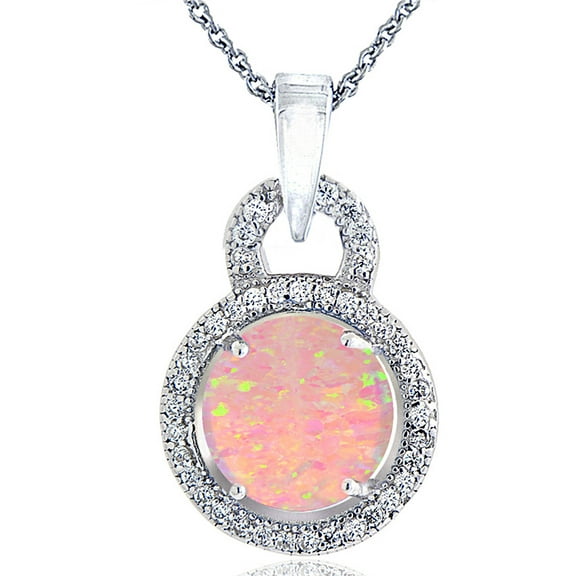 Created Pink Opal and CZ Sterling Silver Circle Necklace, 18"