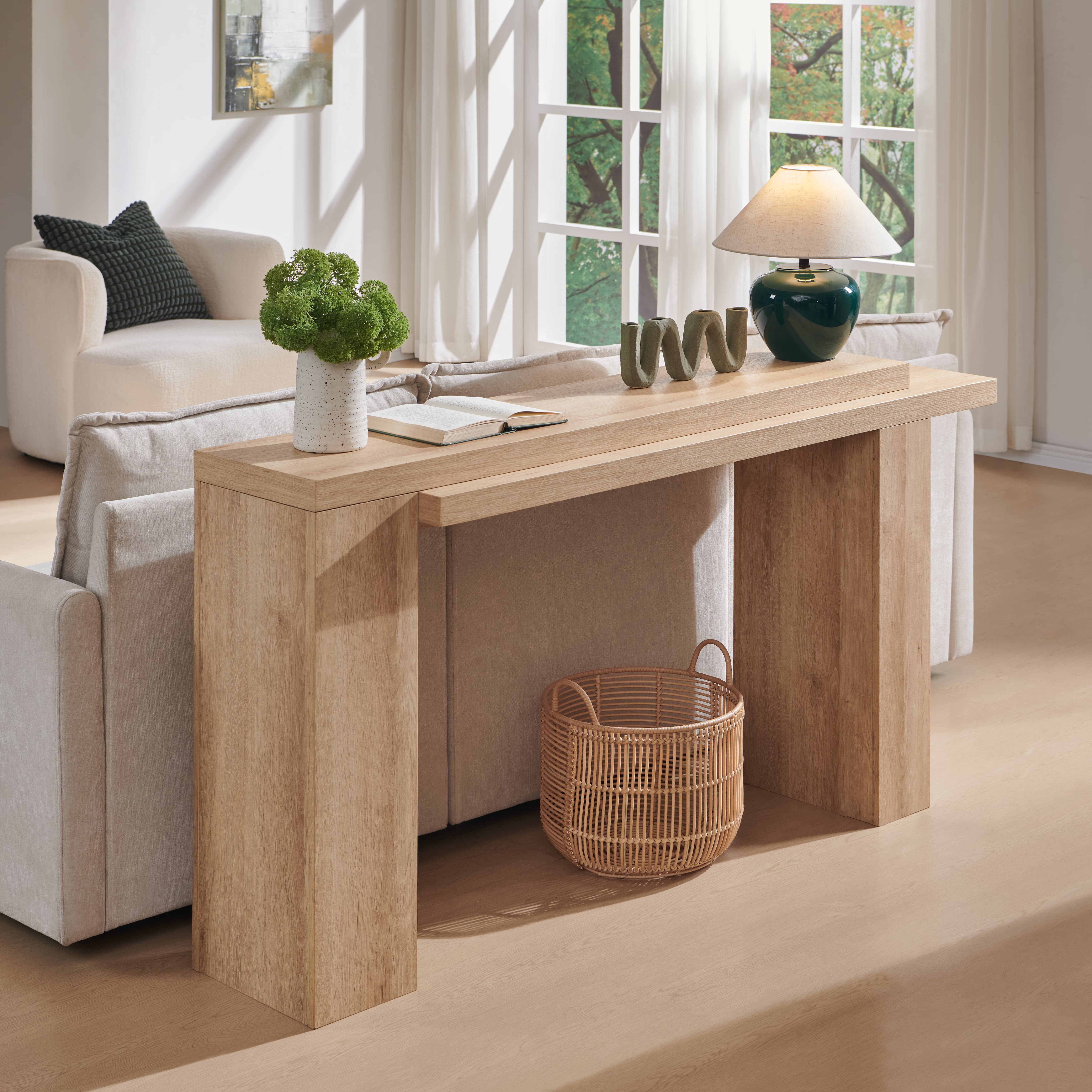 KeyWhat 63" Entryway Console Table, Wooden Modern Sofa Table Behind Couch, Dual-Level Countertop Design for Hallway, Entryway, Living Room, Natural Oak & Dark Alder