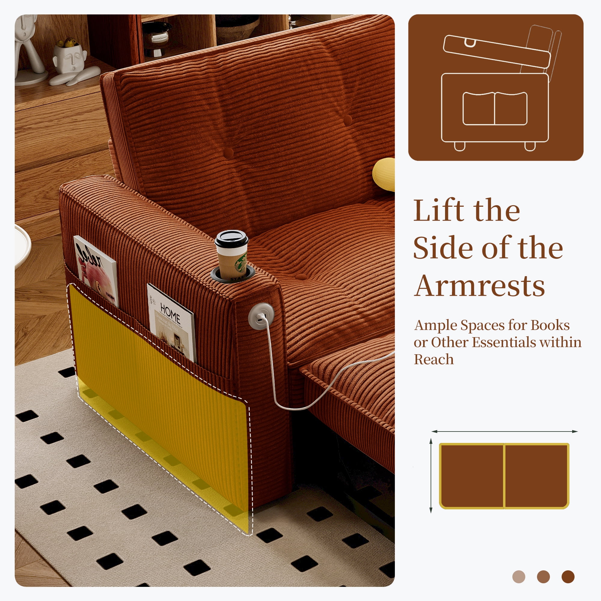 LLappuil 73" Pull Out Sofa Bed Queen Size, Loveseat Sofa Convertible Sleeper Sofa Bed, Corduroy Sofa Couch for Living Room Orange
