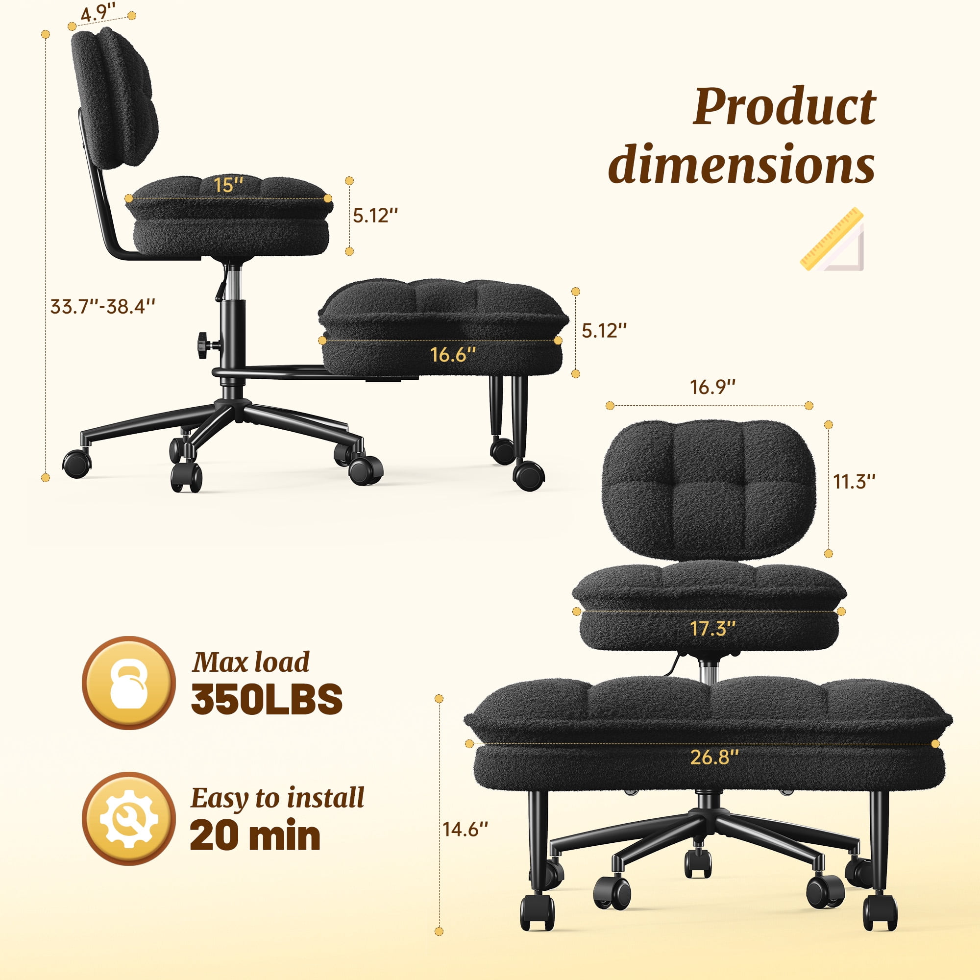 Romorgniz Ergonomic Cross Legged Office Chair 360° Swivel Meditation Chair with Wheels, Kneeling Desk Chair with Height Adjustable Seat, Black