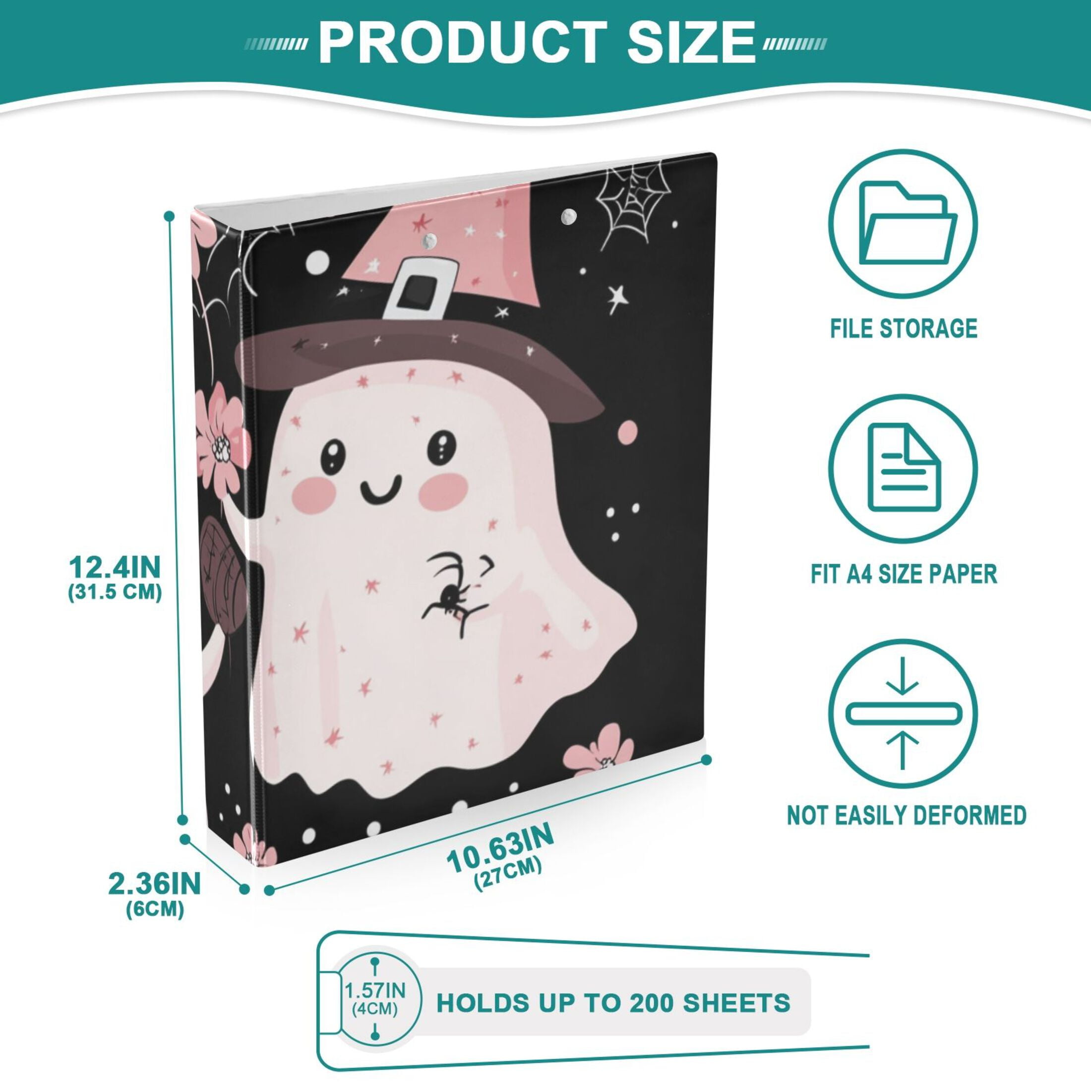 Halloween Pink Ghosts Flowers 3 Ring Binders 1.5 inch Hardcover File Folders with Interior Pockets A4 Size Organizer for School Office Hospital