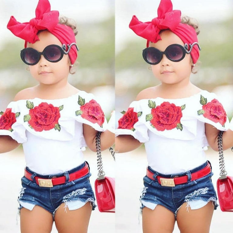 Fashion Toddler Kids Baby Girls 3D Flower Tops Denim Hot Pants Outfits  Clothes White 4-5 Years
