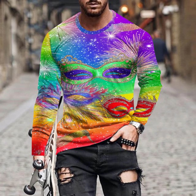 TIMIFIS Chemises à Manches Longues pour Hommes Mardi Gras Mode Décontractée Carnaval Imprimé Col Rond T-Shirt Léger Pull Tops de Fête
