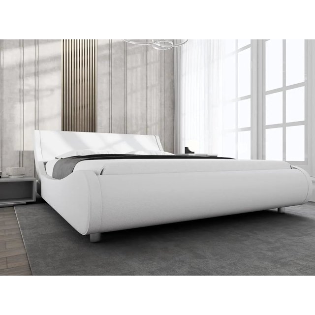 Bed FrameUpholstered queen platform Bed Frame modern low-profile sleigh bed with faux leather headboard for easy assembly My Lux Decor Round