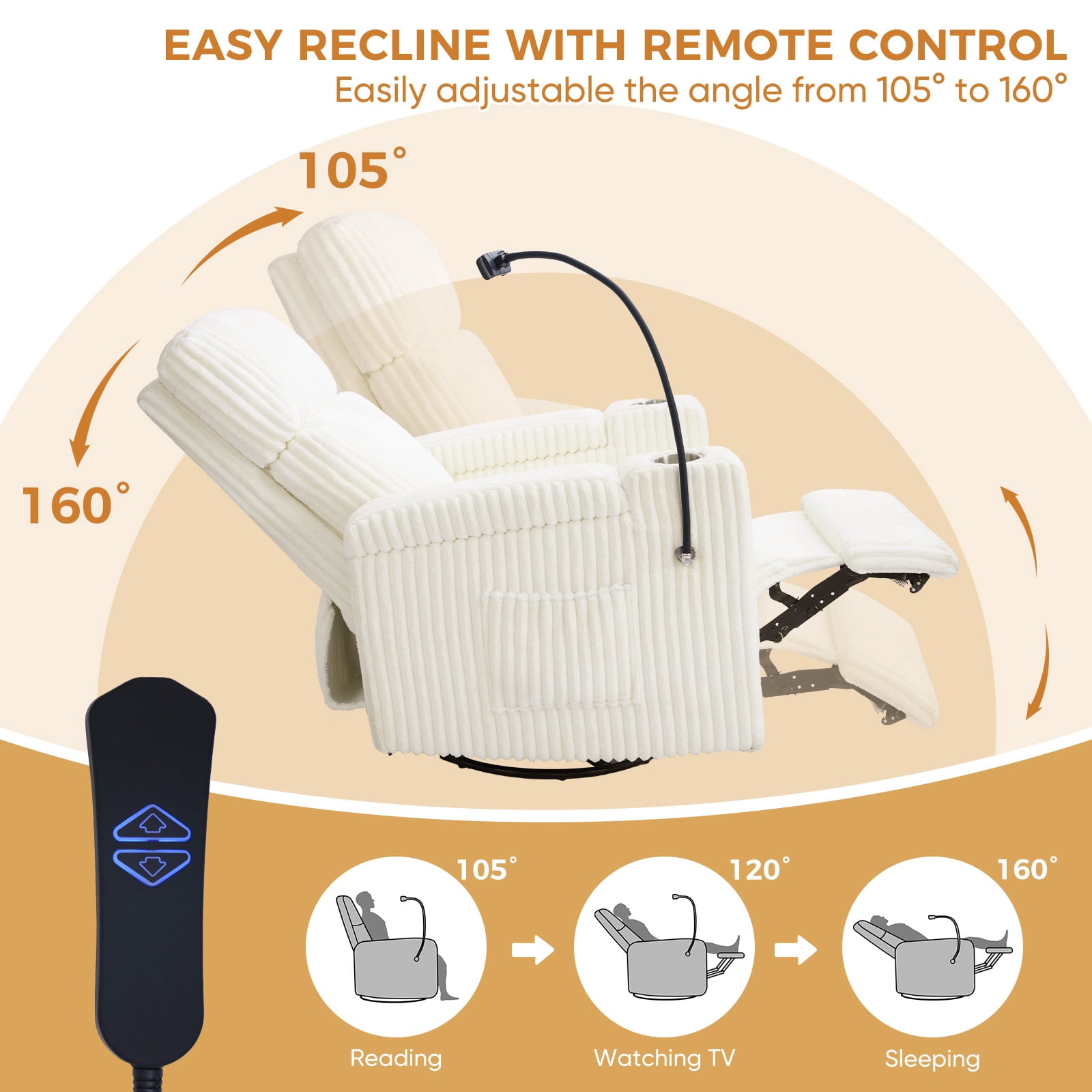 JULY'S SONG Power Recliner Rocking Chair for Nursery, Swivel Rocker Recliner Chair with Phone Holder, USB/Type-C Ports, Nursery Glider Recliners with Arm Storage,White