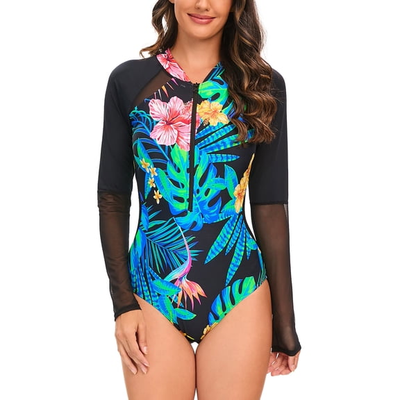 Hicidod Women Swimsuits Rash Guard UPF 50 Long Sleeve Swim Shirt One Piece Print Sun Protection Diving Sufring Bathing Suit
