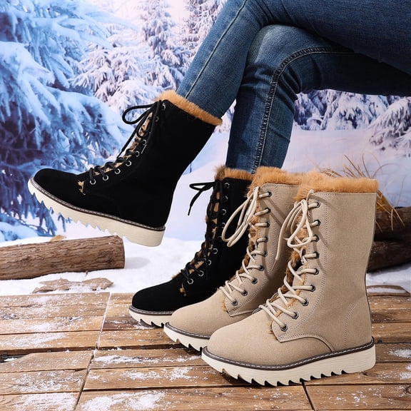 BXJX Womens Mid-Calf Boots, Lace-Up Warm Fleece-Lined Non Slip Winter Shoes Black Size 6