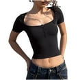 thumbnail image 2 of Wycnly Womens Tops Dressy Casual Party Club Sexy Slim Fit Button up Going out Cropped Tees Shirts Summer Short Sleeve Crewneck Tops Solid Blouse Black s, 2 of 4