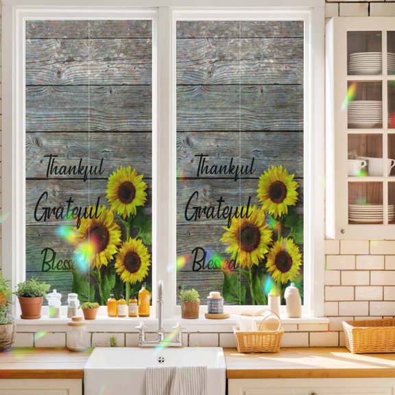 Watercolor Sunflower Farm Vintage Wood Board Window Privacy Film,Decorative Windows Static Cling Positive Quote Heat Control Removable Glass Sticker for Home Bathroom Bedroom Window Door,17.7x39.3in